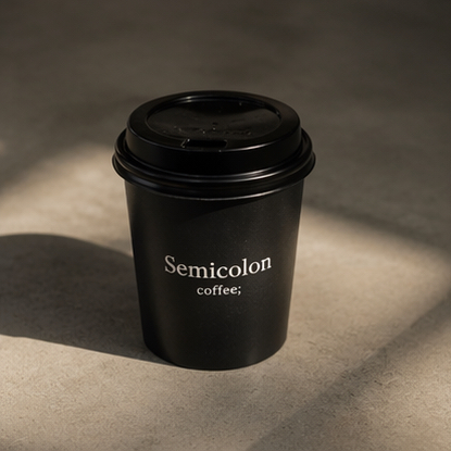 Hot latte in a black Semicolon Coffee cup